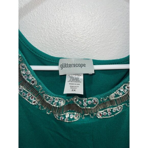 Glitterscape womans top plus size 2X green round sequin neckline ruched pullover - Picture 4 of 8